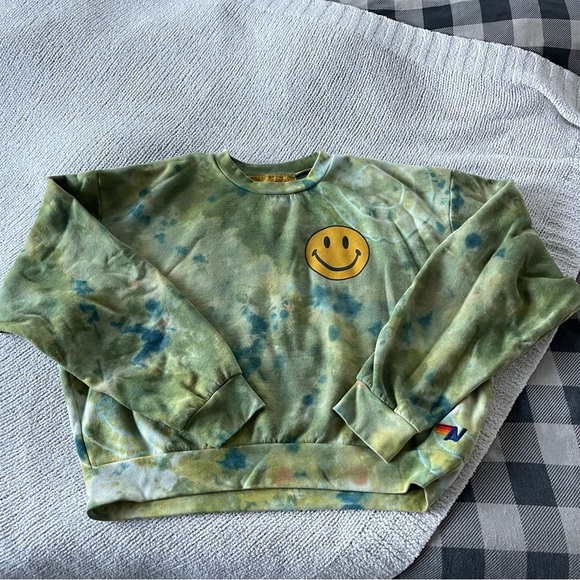 Aviator Nation Green and Yellow Tie-Dye Smiley Crop crewneck sweatshirt S - Picture 5 of 11